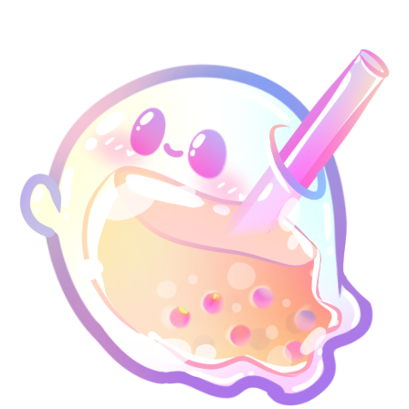 The BobaGhost mascot: a smiling, iridescent ghost made of boba tea, with a pink straw